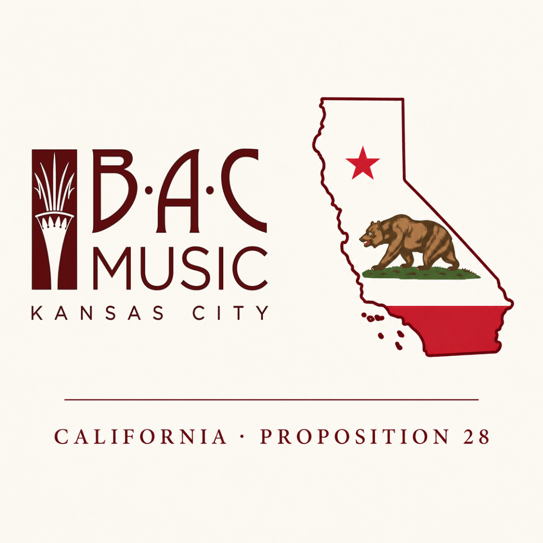B.A.C. Music Kansas City logo beside a California outline with bear and star, California Proposition 28