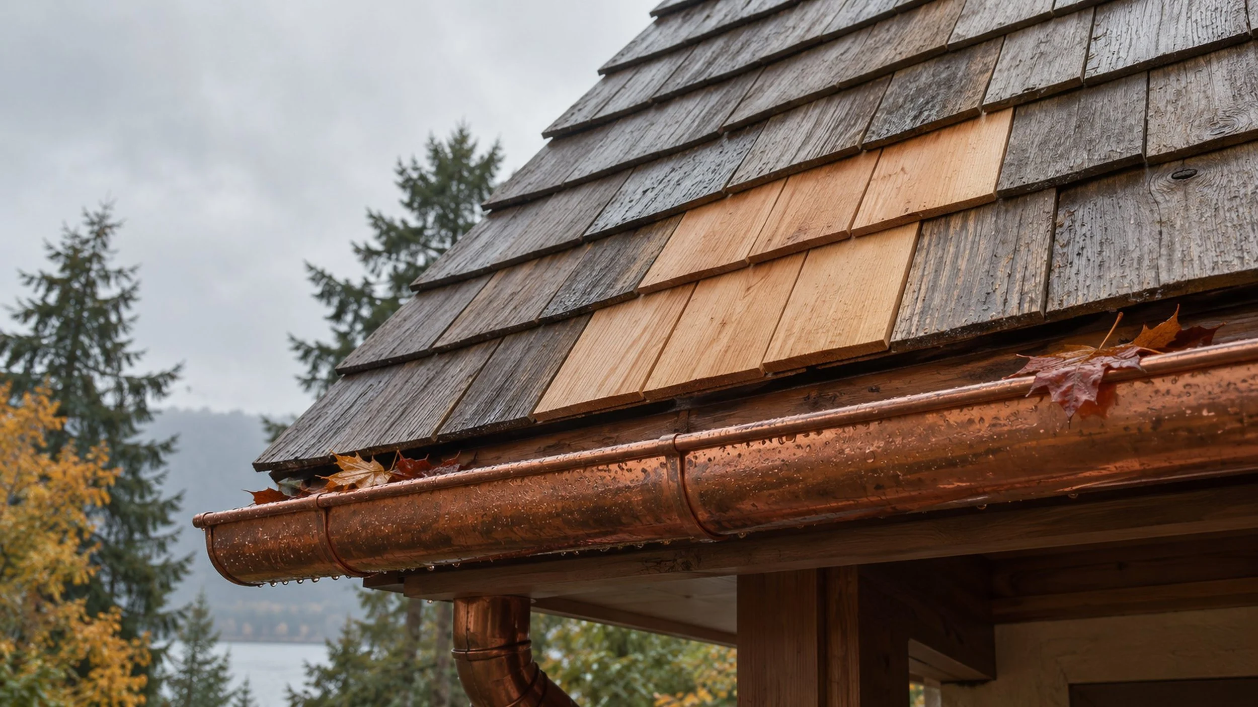 Fresh cedar shingles set into a weathered roof above a copper gutter, after autumn rain.
