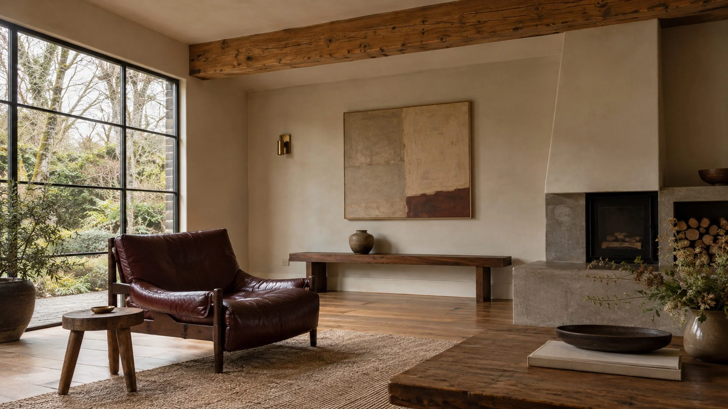 A quiet room where the structure is allowed to show — an original fir beam over oxblood leather and walnut.