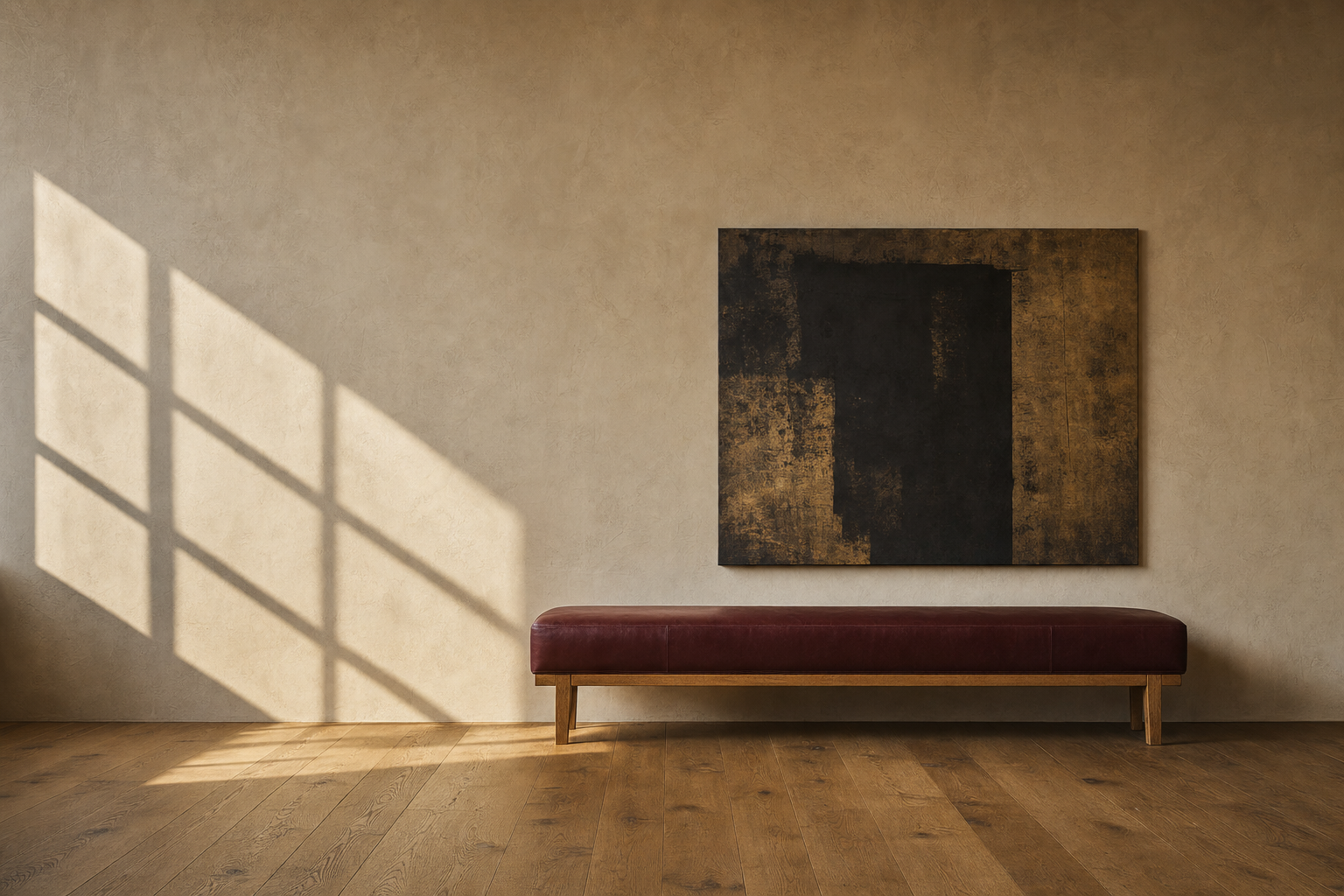 A long oxblood-leather bench against a planar oat-plaster wall, raking afternoon light