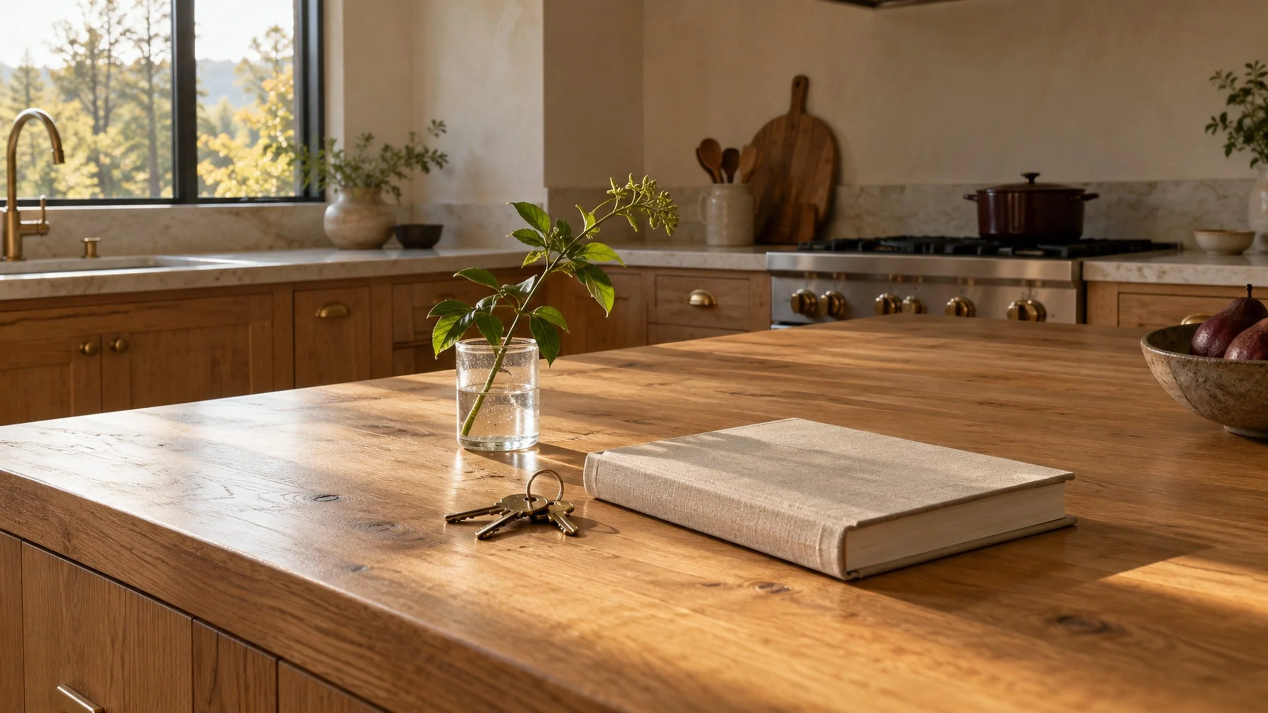 House keys and the House Book together on the counter, handover morning.