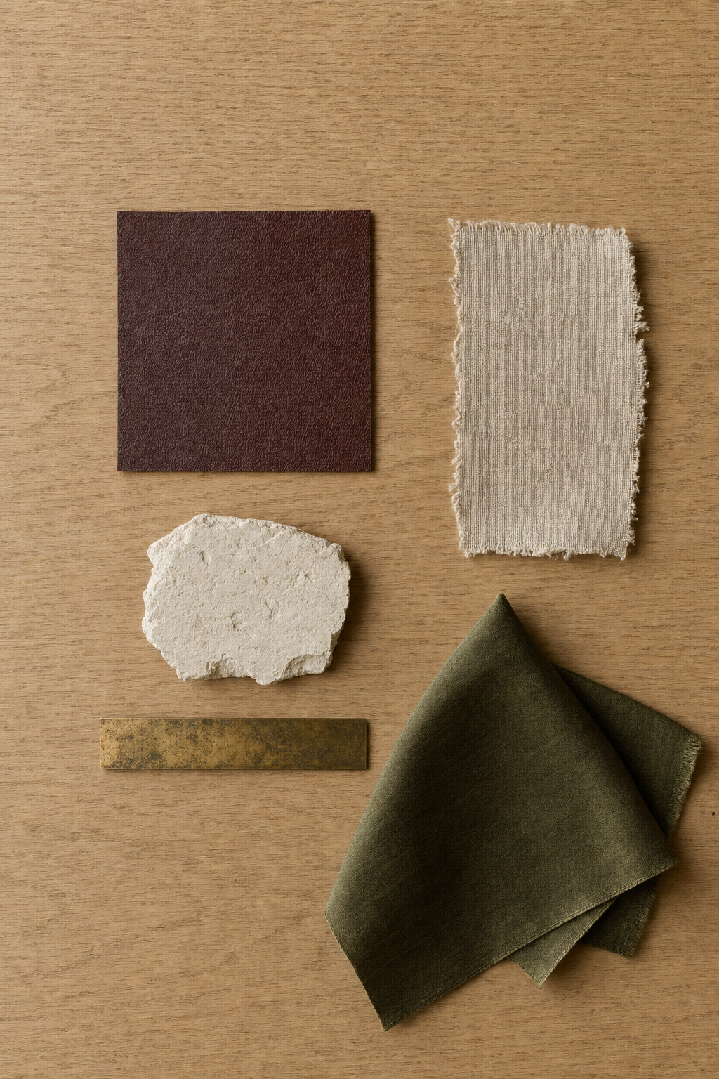 Flat-lay of leather, linen, plaster, brass, and silk on honey oak