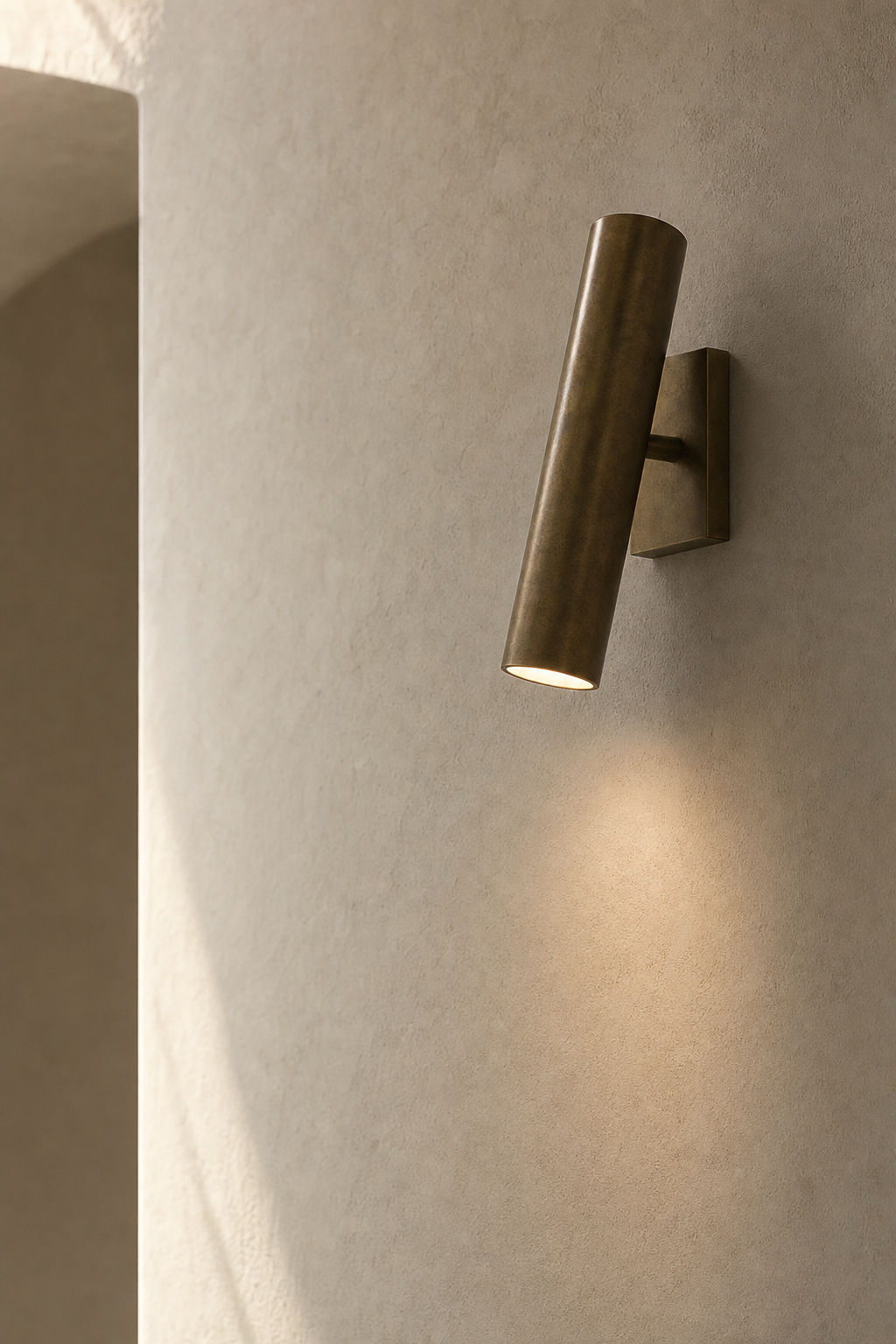 Unlacquered brass cylinder sconce on a plaster wall