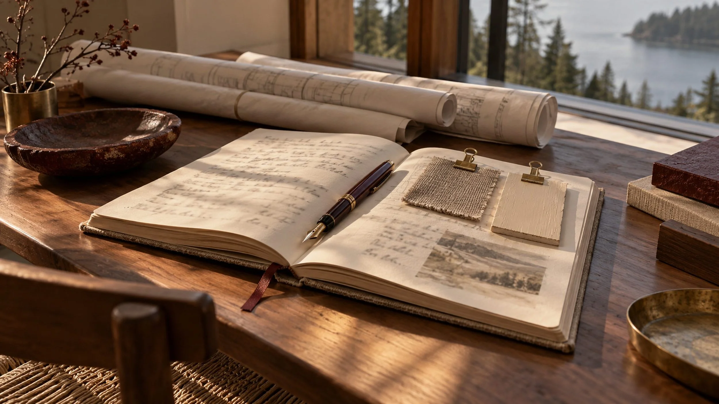 An open ledger on a walnut desk — a swatch and a color sample clipped to the decision they belong to.