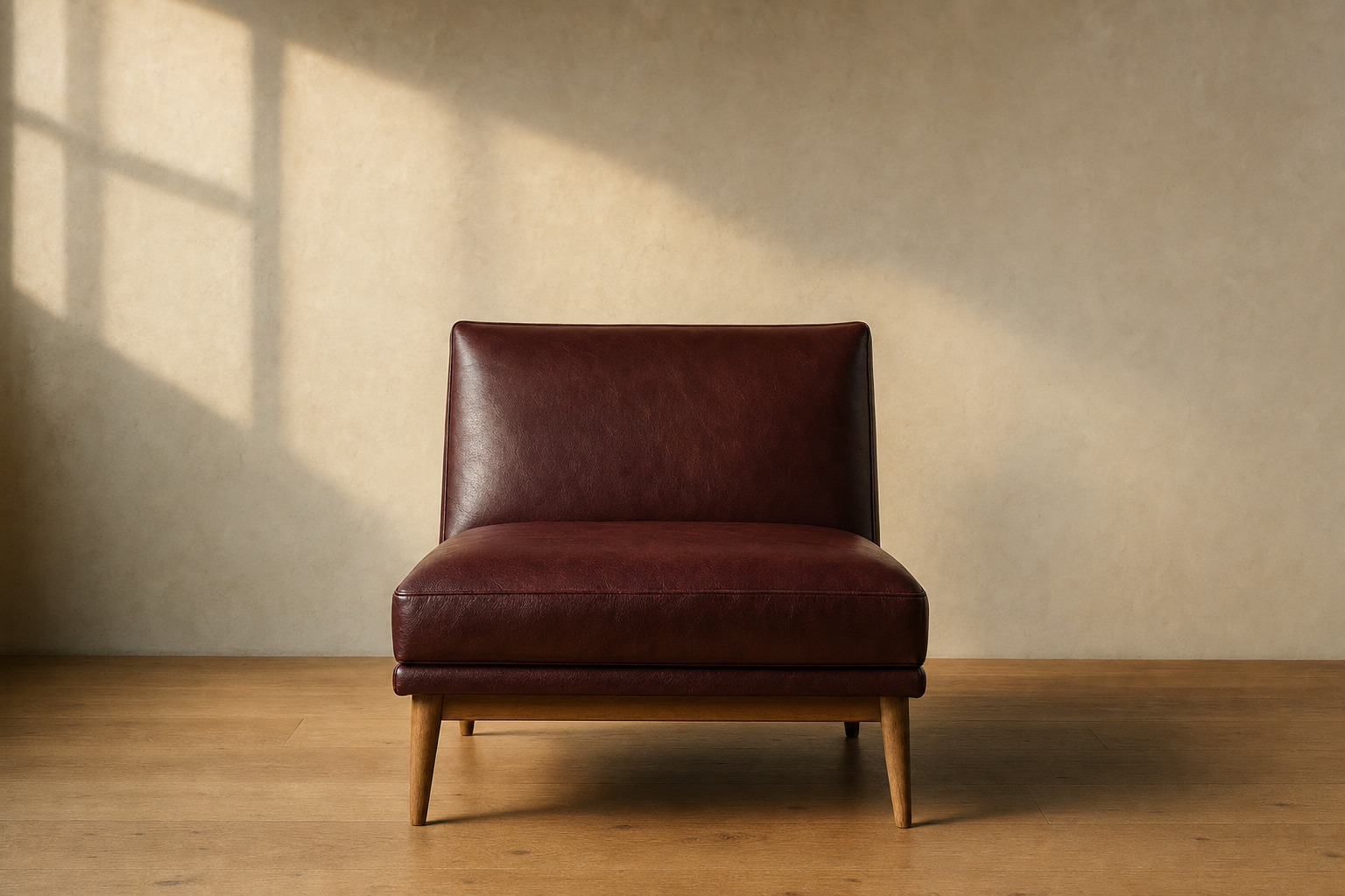 A low-slung oxblood-leather lounge chair on honey-oak legs against a plaster wall