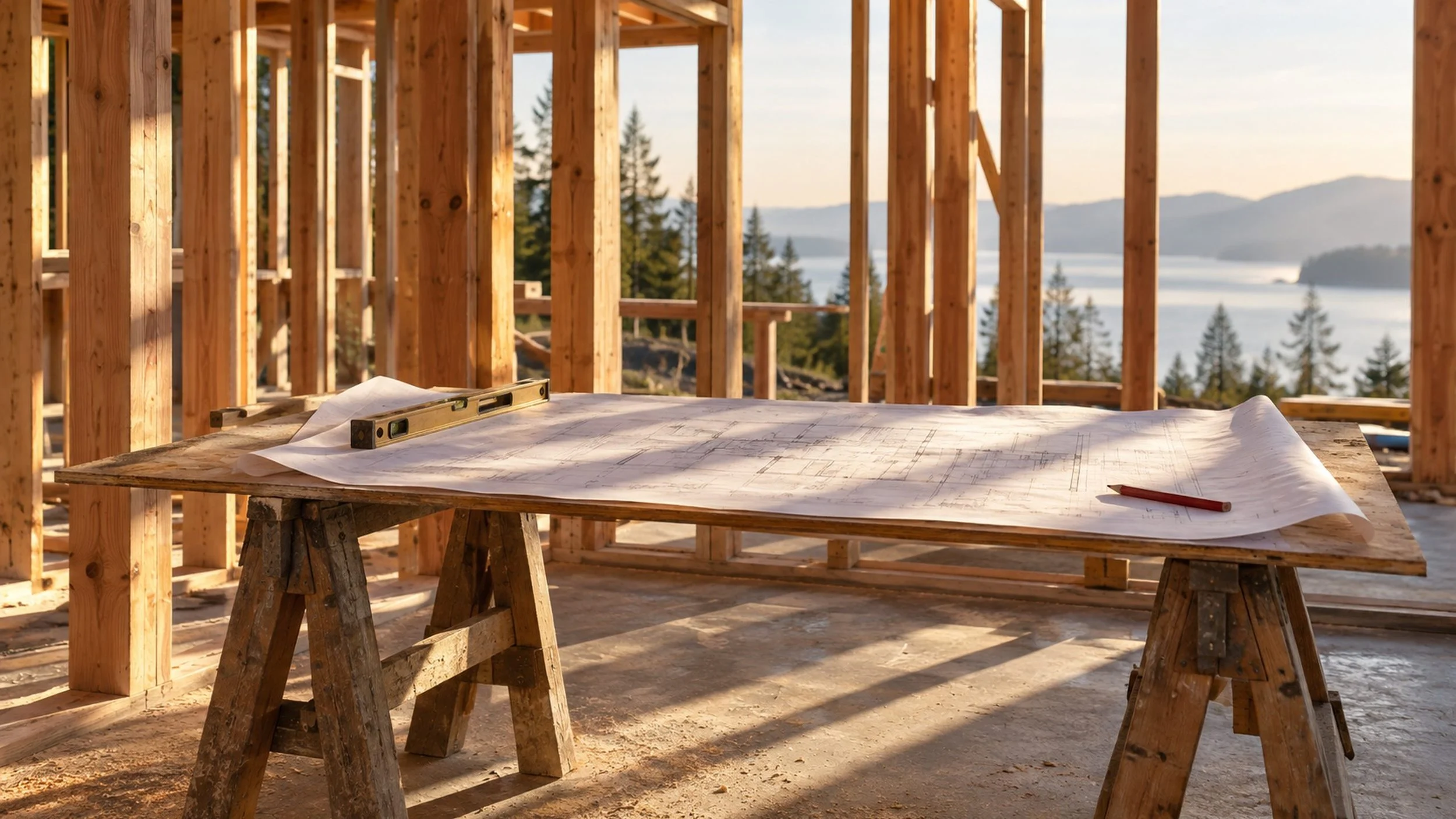 Construction drawings unrolled across sawhorses inside a house at framing stage, morning sun through the studs.