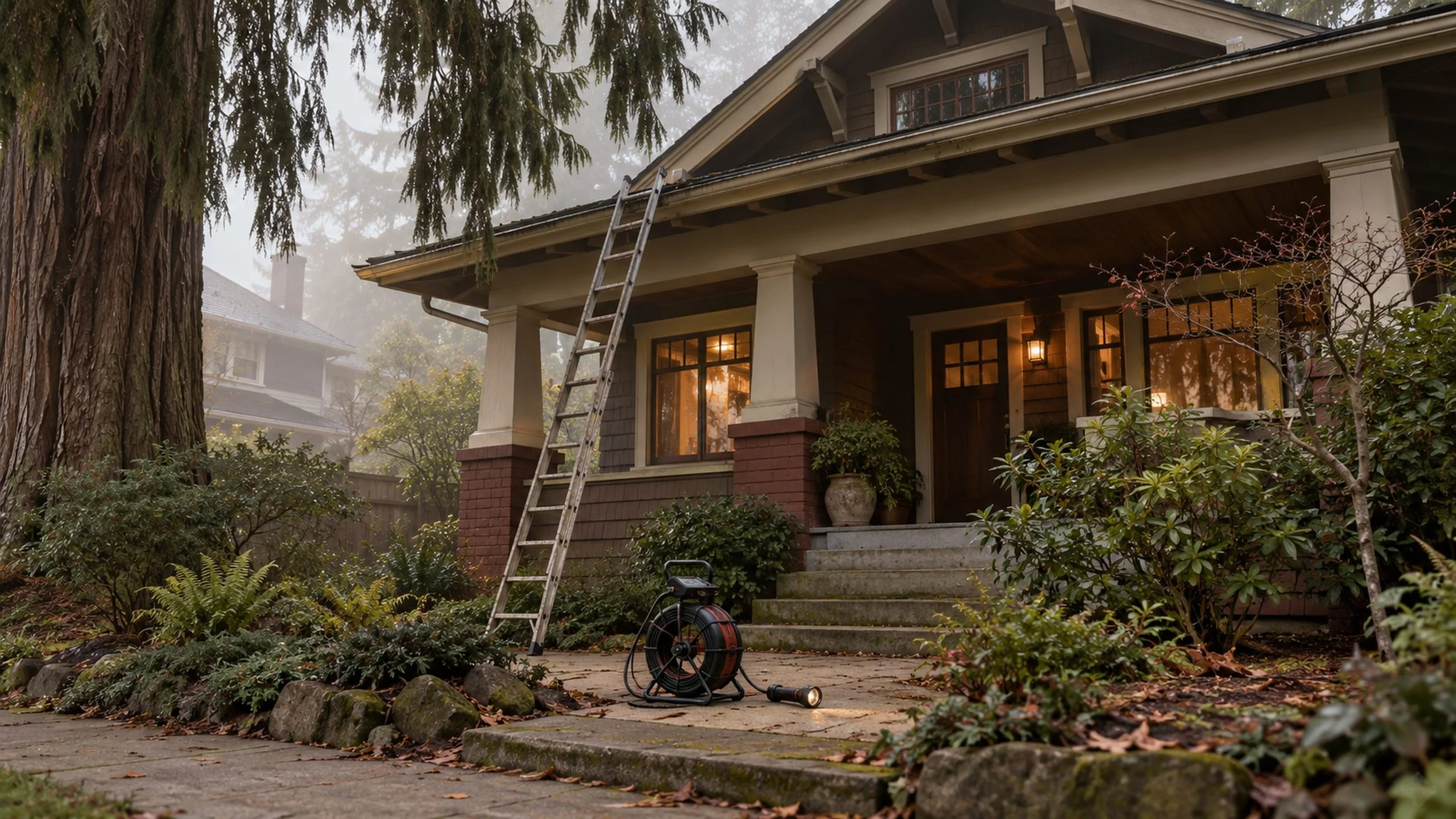 A 1920s Craftsman in thin morning fog, a ladder set against the eave — the reading underway.