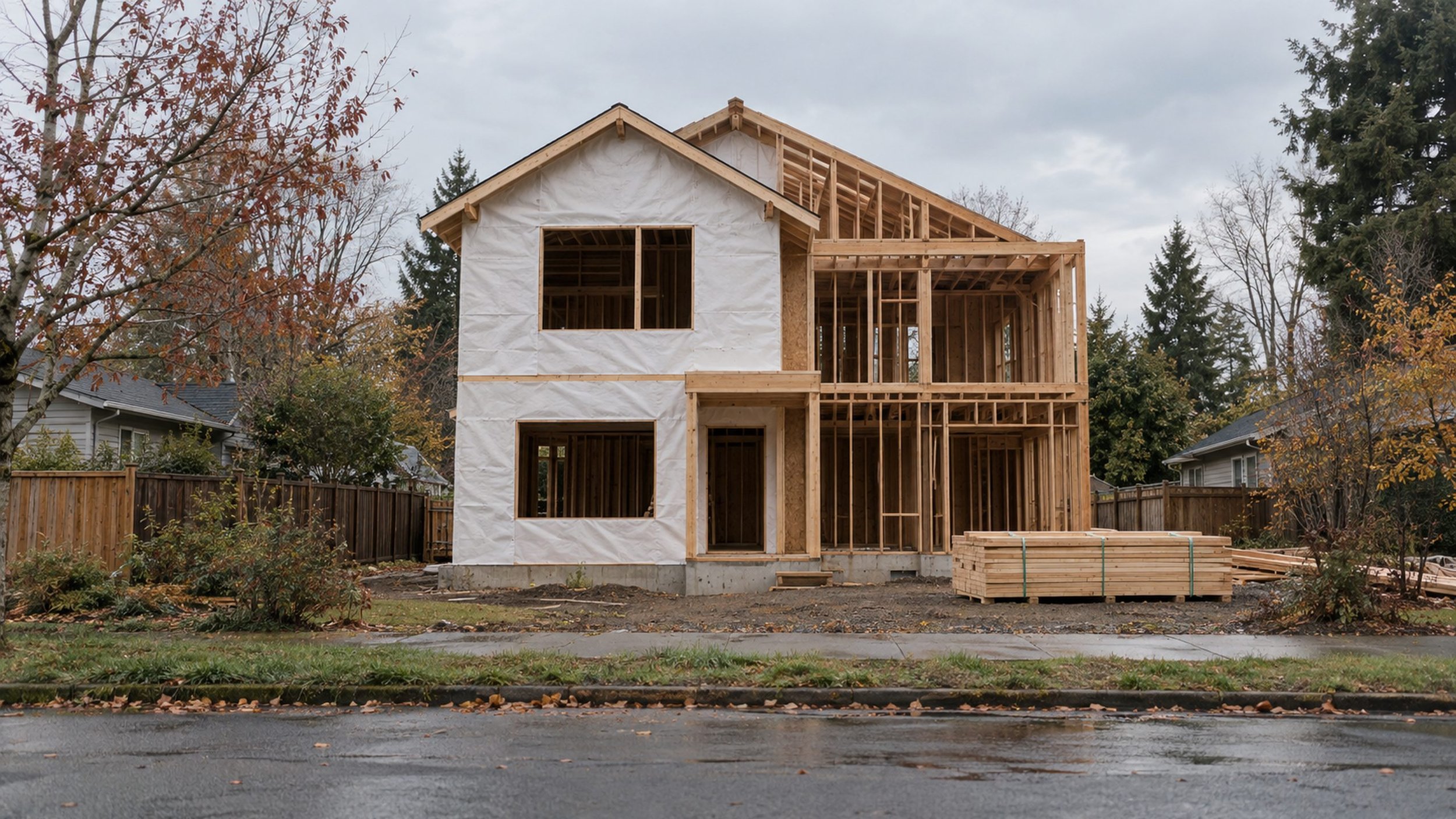 A house part-way through construction — one half sheathed and wrapped, the other still open framing.