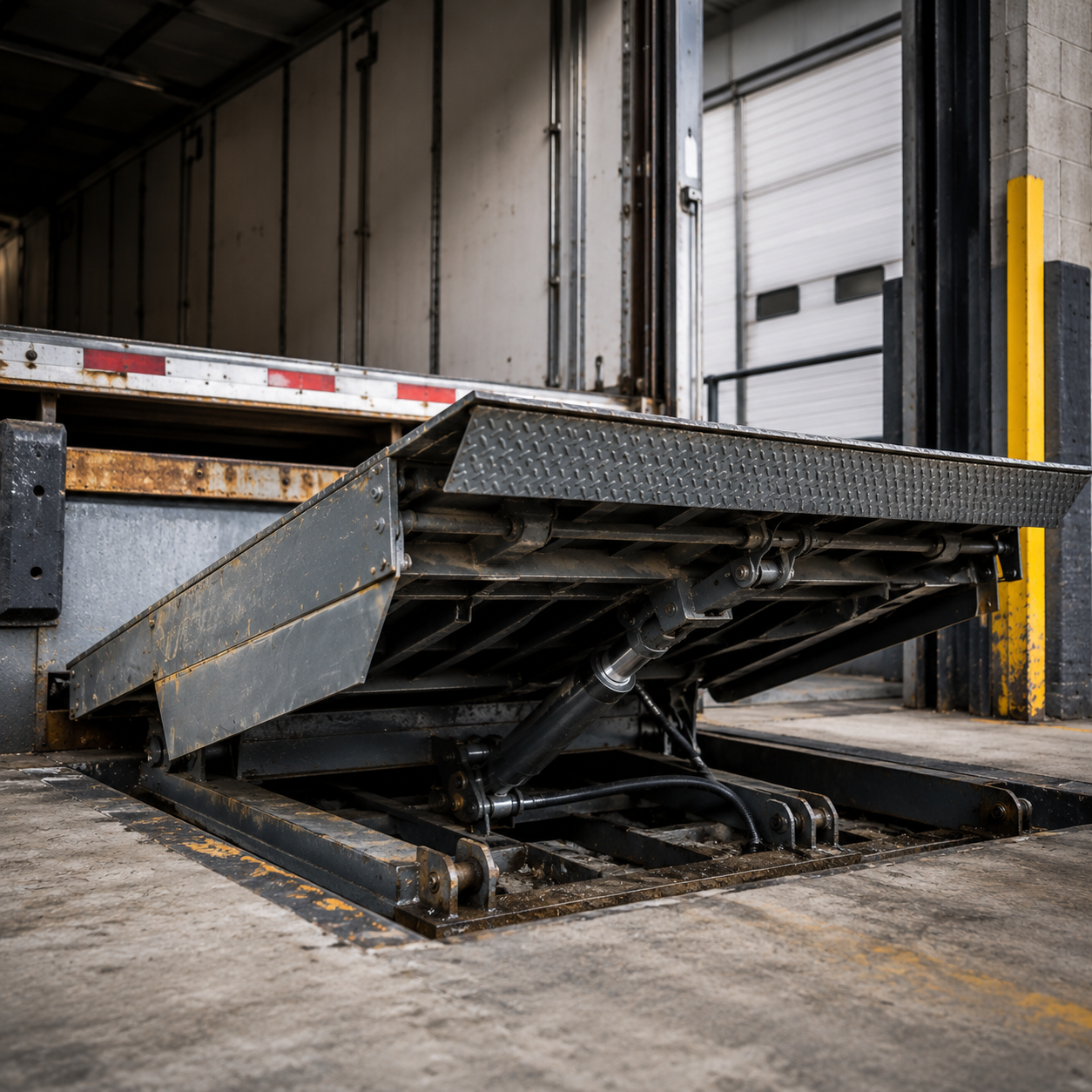 rusted yellow dock leveler platform stuck in midair position