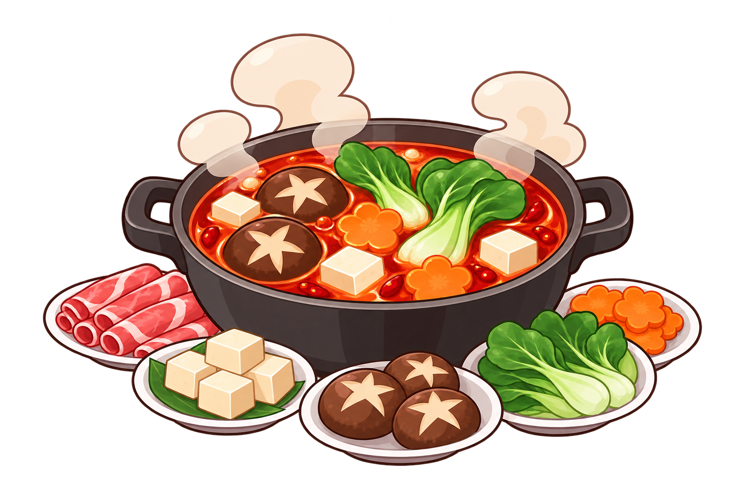A bubbling hotpot with mushrooms, tofu, greens and plates of fresh ingredients