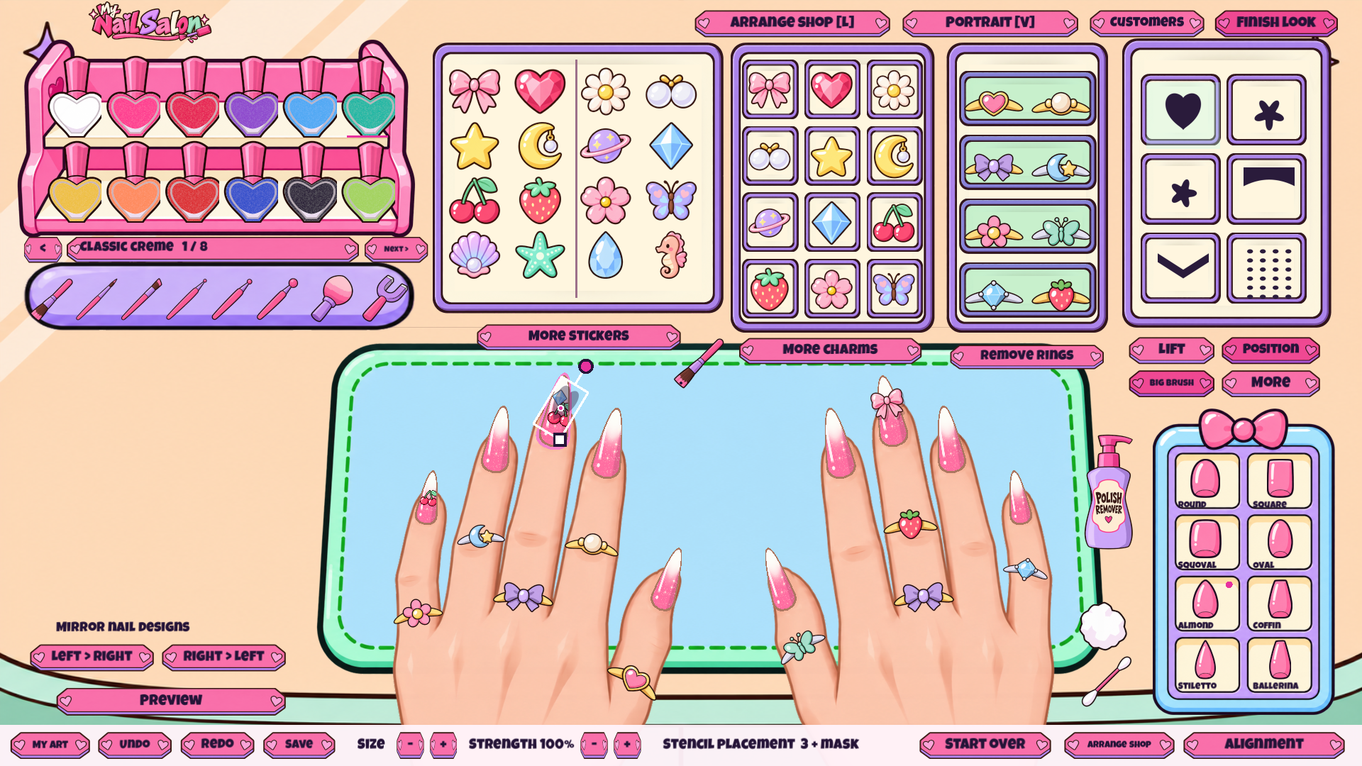 Placing a decorative charm on a nail.