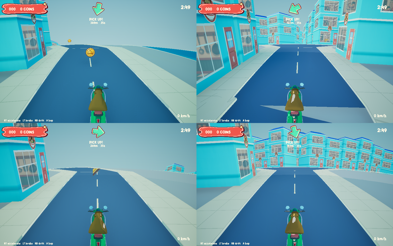 Four-player split-screen gameplay in the current development build.