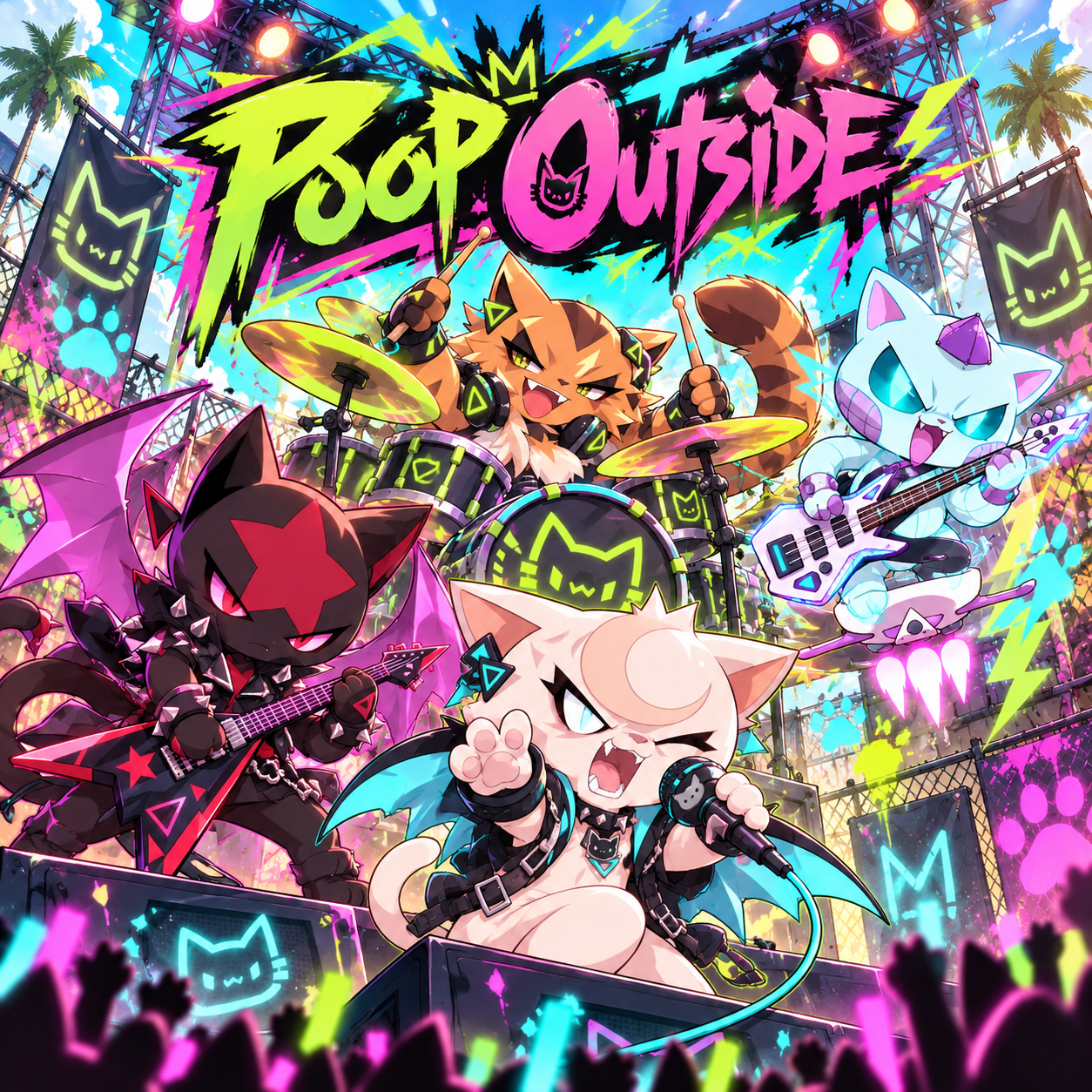 Poop Outside album cover: Cyber Kitty playing a chaotic outdoor gig
