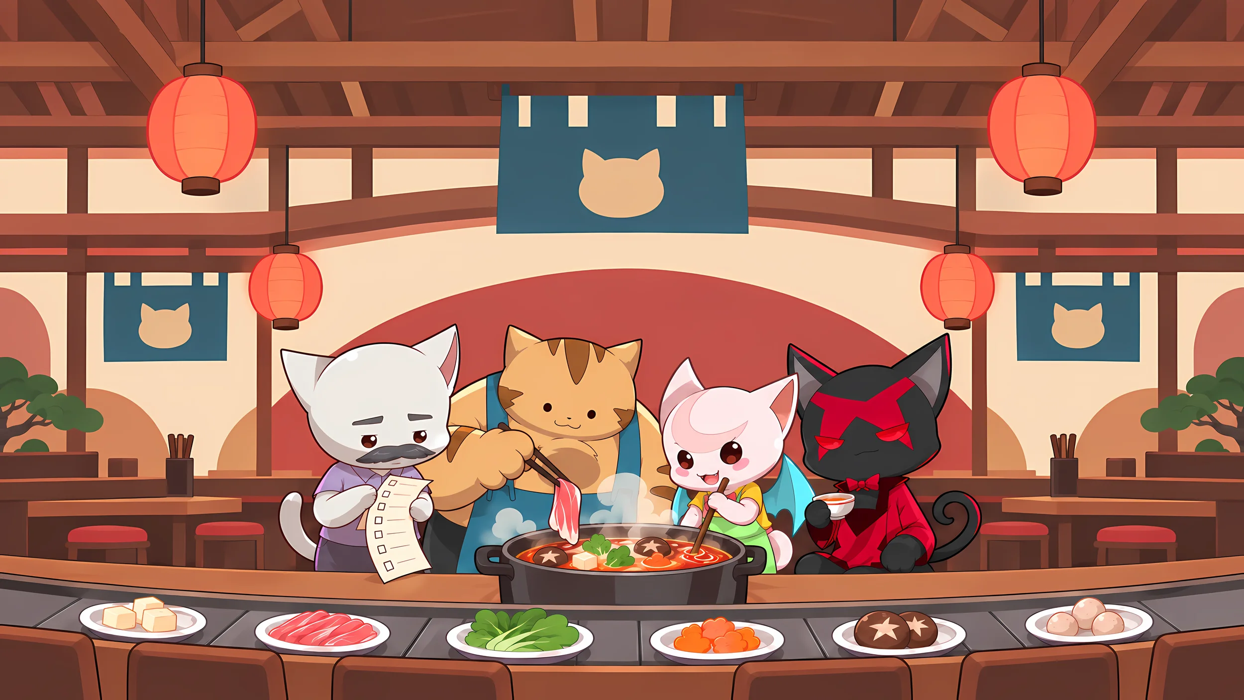 The Hotpot Party cats cooking beneath lanterns in their restaurant