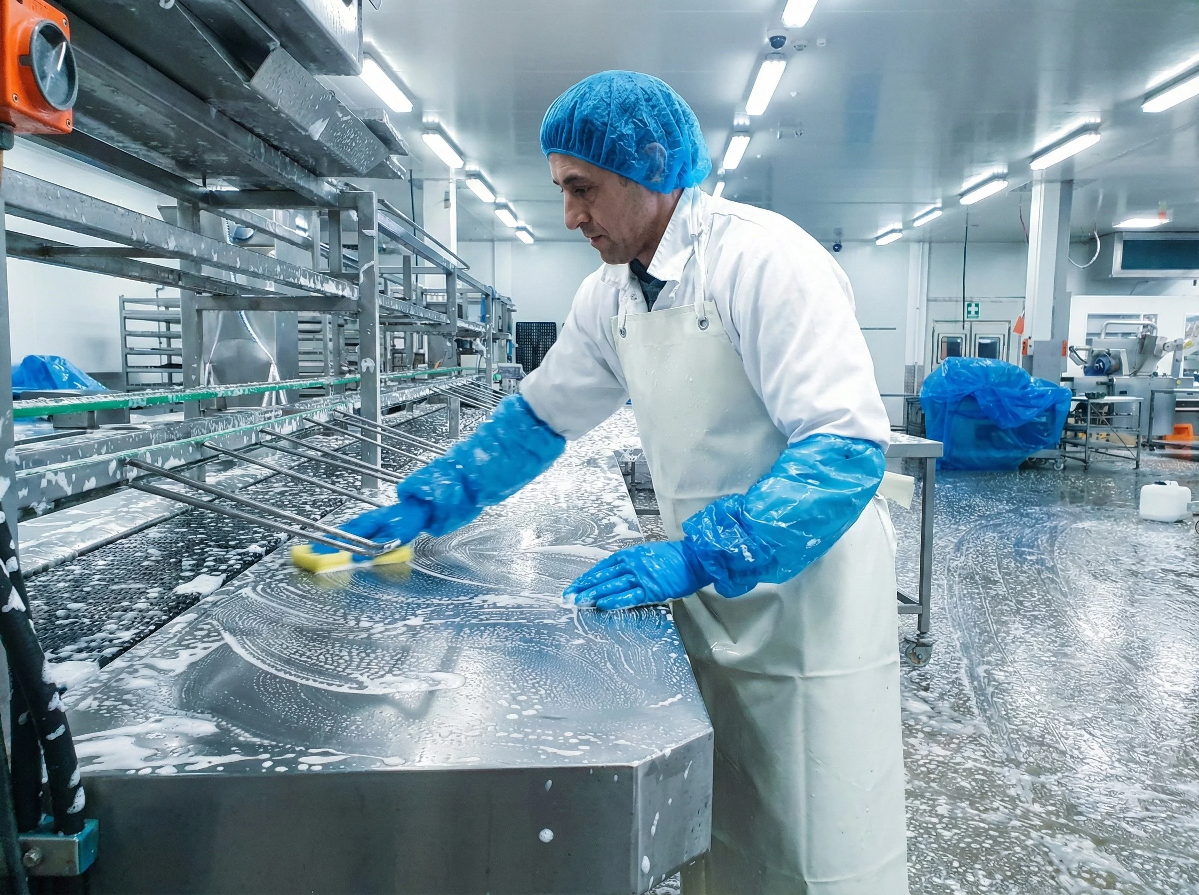 Industrial floor cleaning in food processing facility