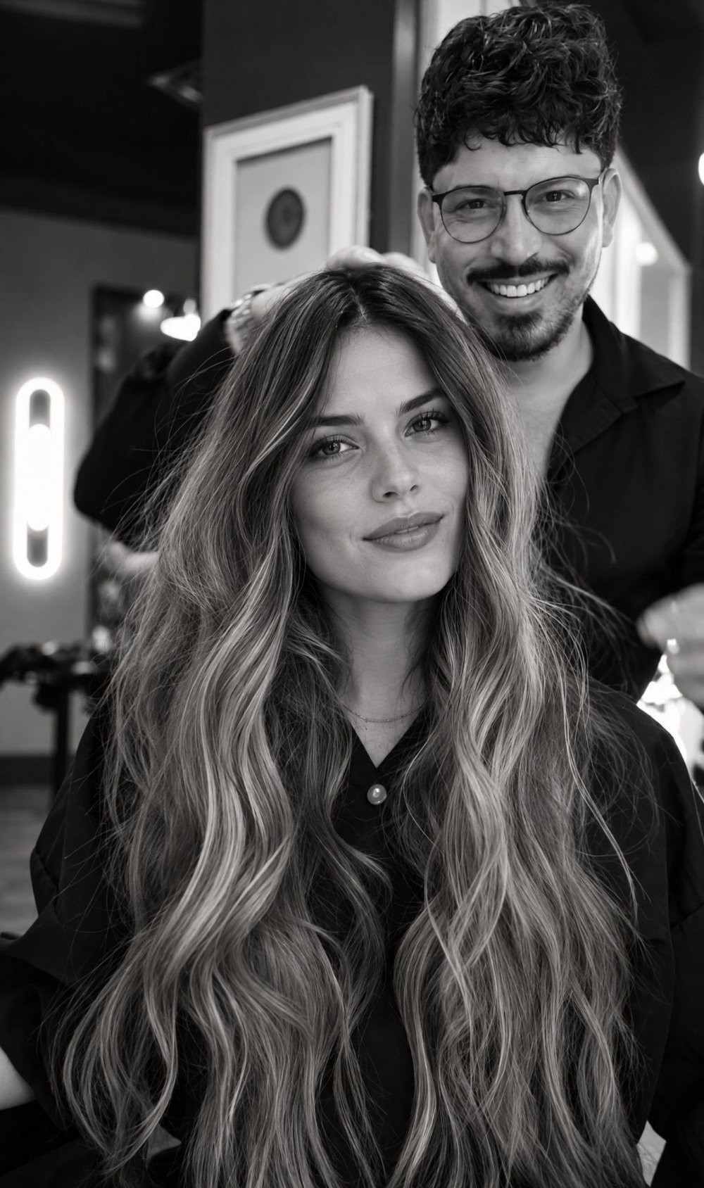Alfredo Contrera, creator of the AJ Method, with a guest after balayage at Alfredo James Hair Design
