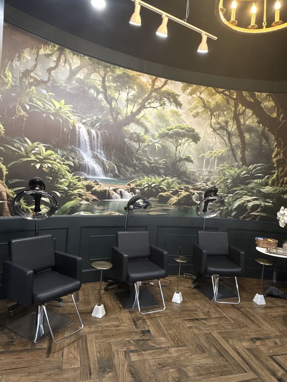 Processing chairs beneath a rainforest waterfall mural at the Stone Oak salon