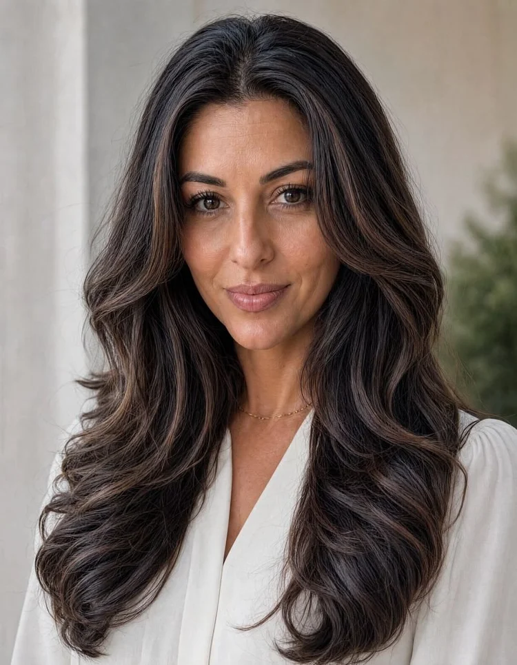 Cabello castaño oscuro y largo, con mechas suaves alrededor de la cara
