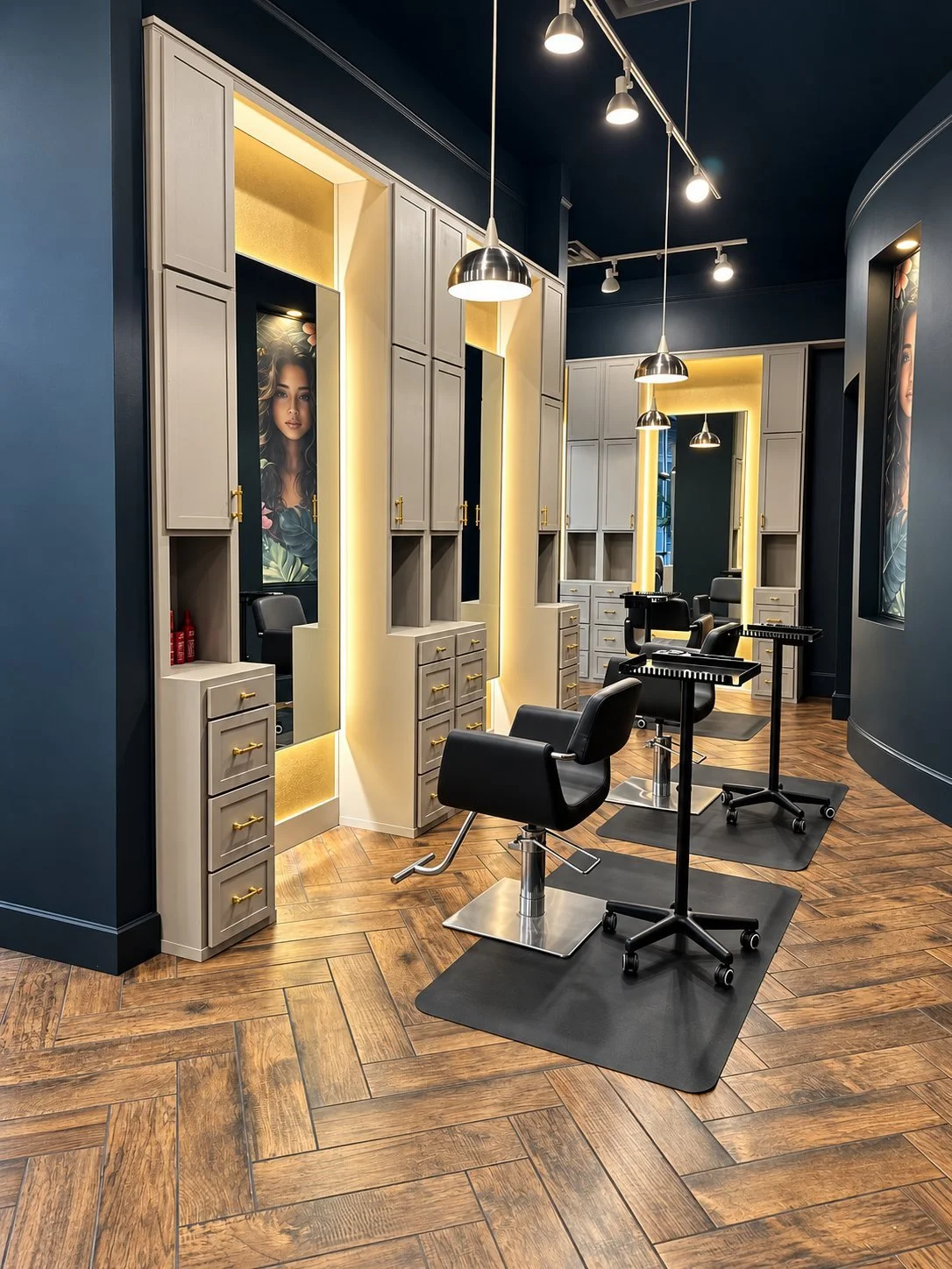Gold-lit color stations at Alfredo James Hair Design in Stone Oak, San Antonio