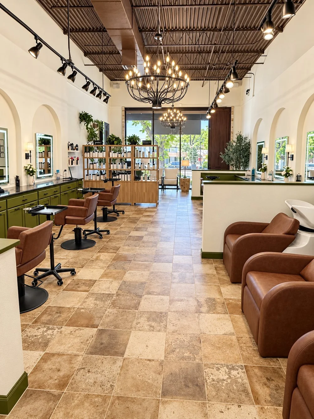 The styling floor with chandeliers and arched mirrors at the Alamo Heights salon