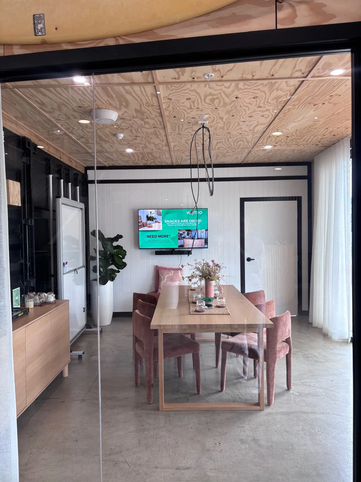 Meeting room fit-out with plywood ceiling and VJ walls
