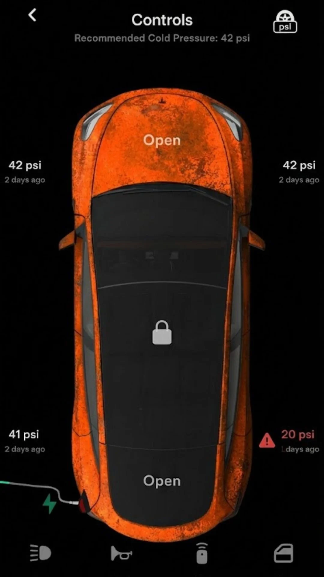 Tesla touchscreen showing low tire pressure diagnostics