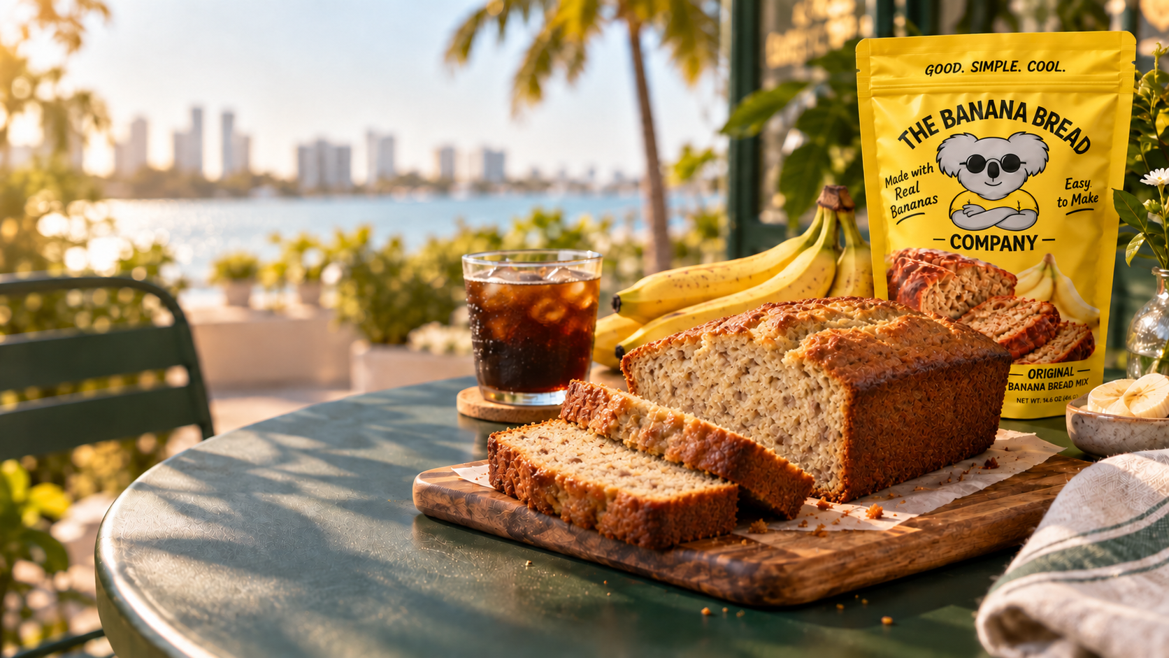 Our yellow koala banana bread mix beside fresh banana bread and cold brew overlooking the Miami waterfront