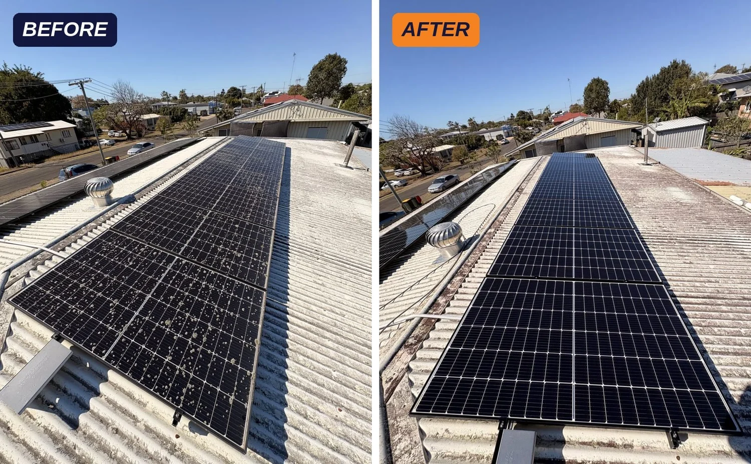 Solar panels before and after bird droppings removed