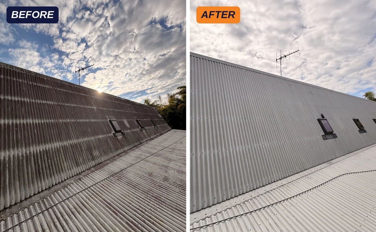 Long-run metal roof before and after cleaning