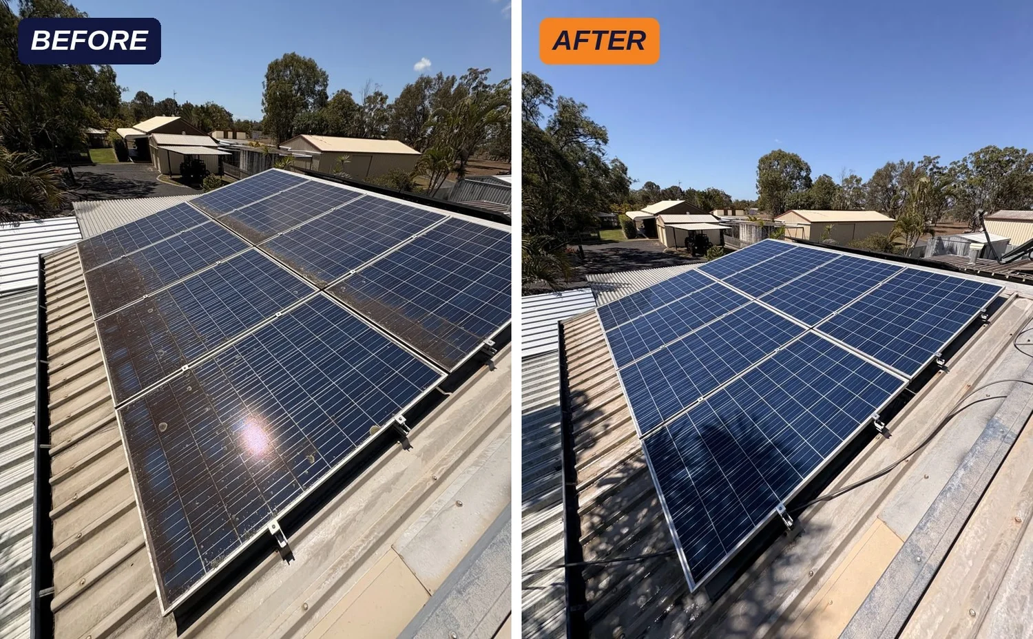 Solar panels before and after cleaning in Avenell Heights