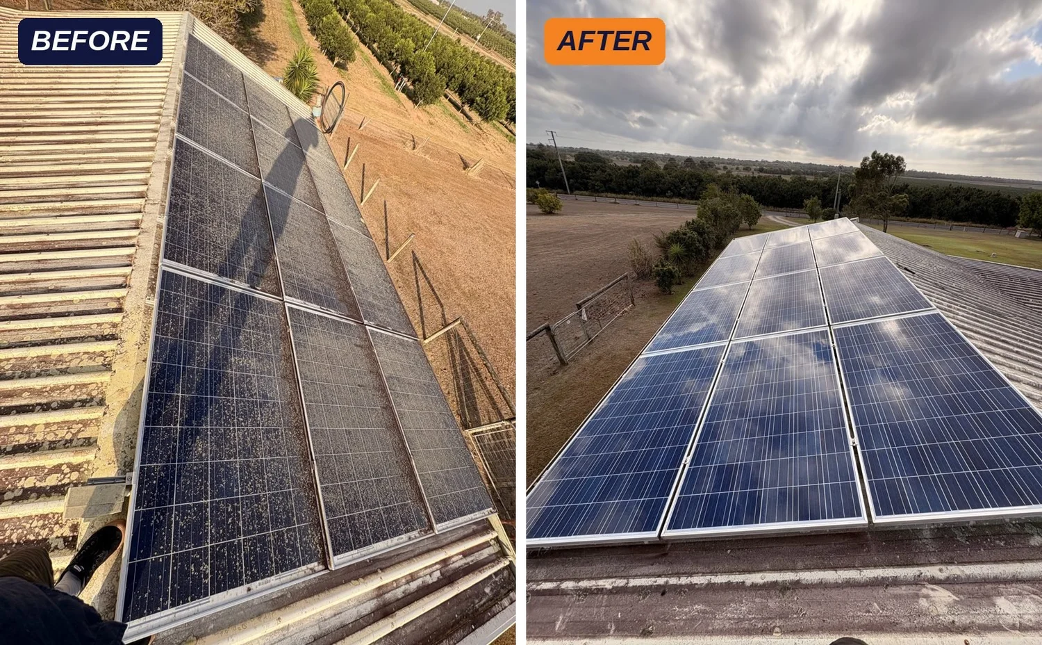 Farm shed solar array before and after cleaning