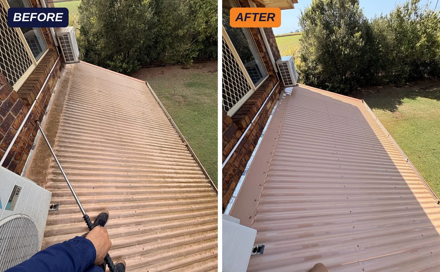Roof before and after pressure cleaning in Bundaberg