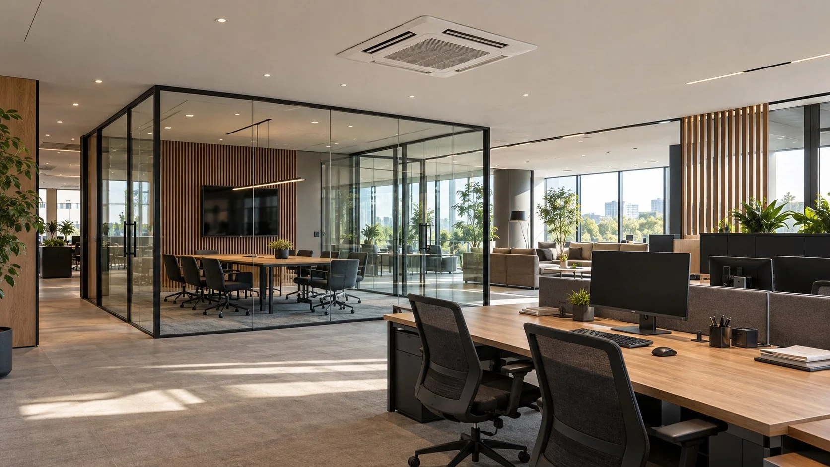 Illustrative modern office with ceiling cassette air conditioning