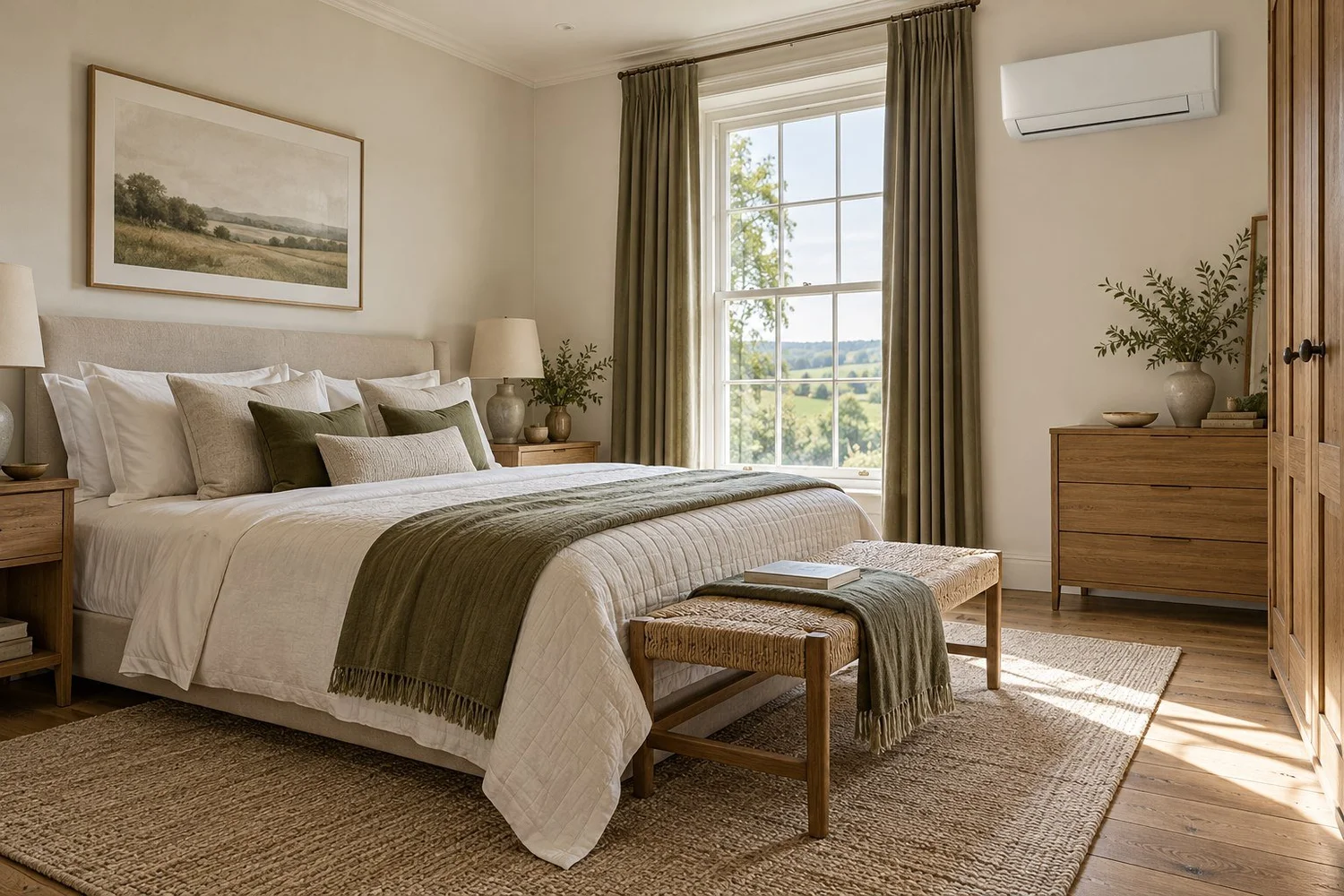 Illustrative bedroom with a discreet wall mounted air conditioning unit