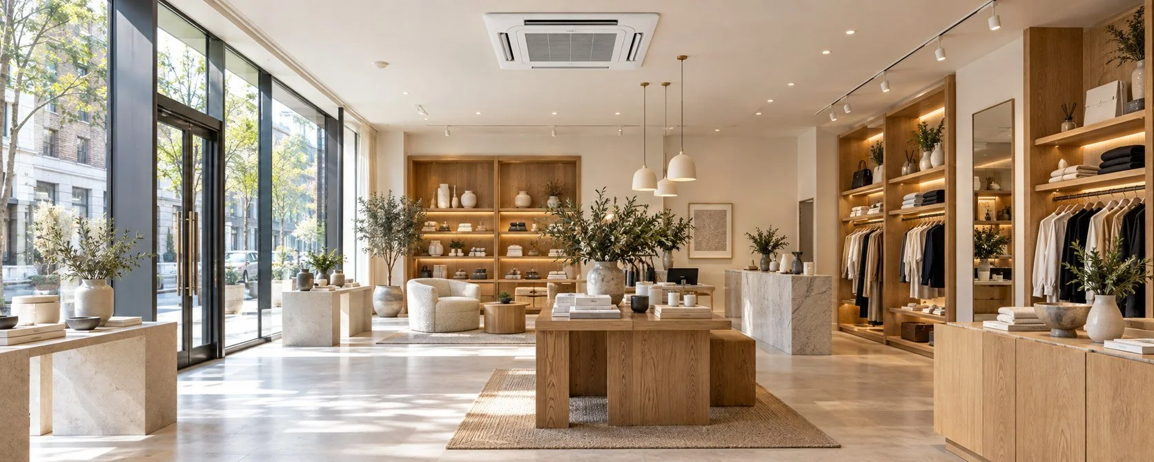 Illustrative retail interior with ceiling cassette air conditioning