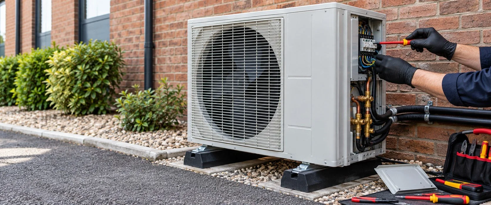 Illustrative gloved hands repairing an outdoor air conditioning unit with its service panel open