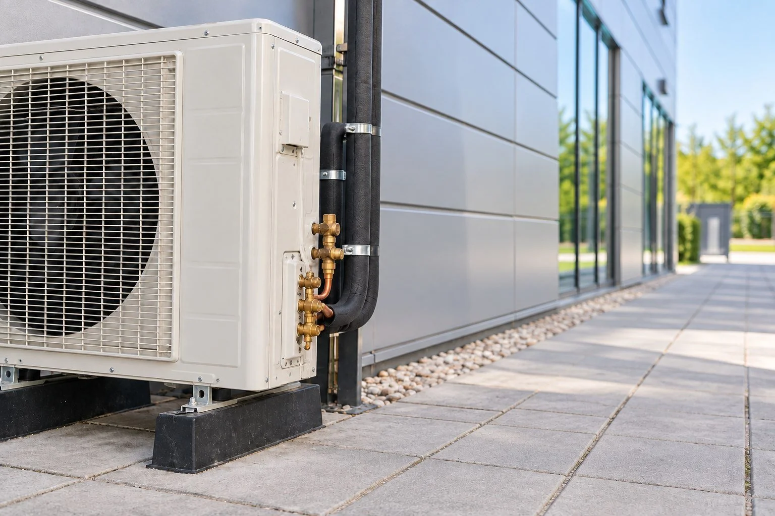 Illustrative outdoor condenser and insulated refrigerant pipes without people