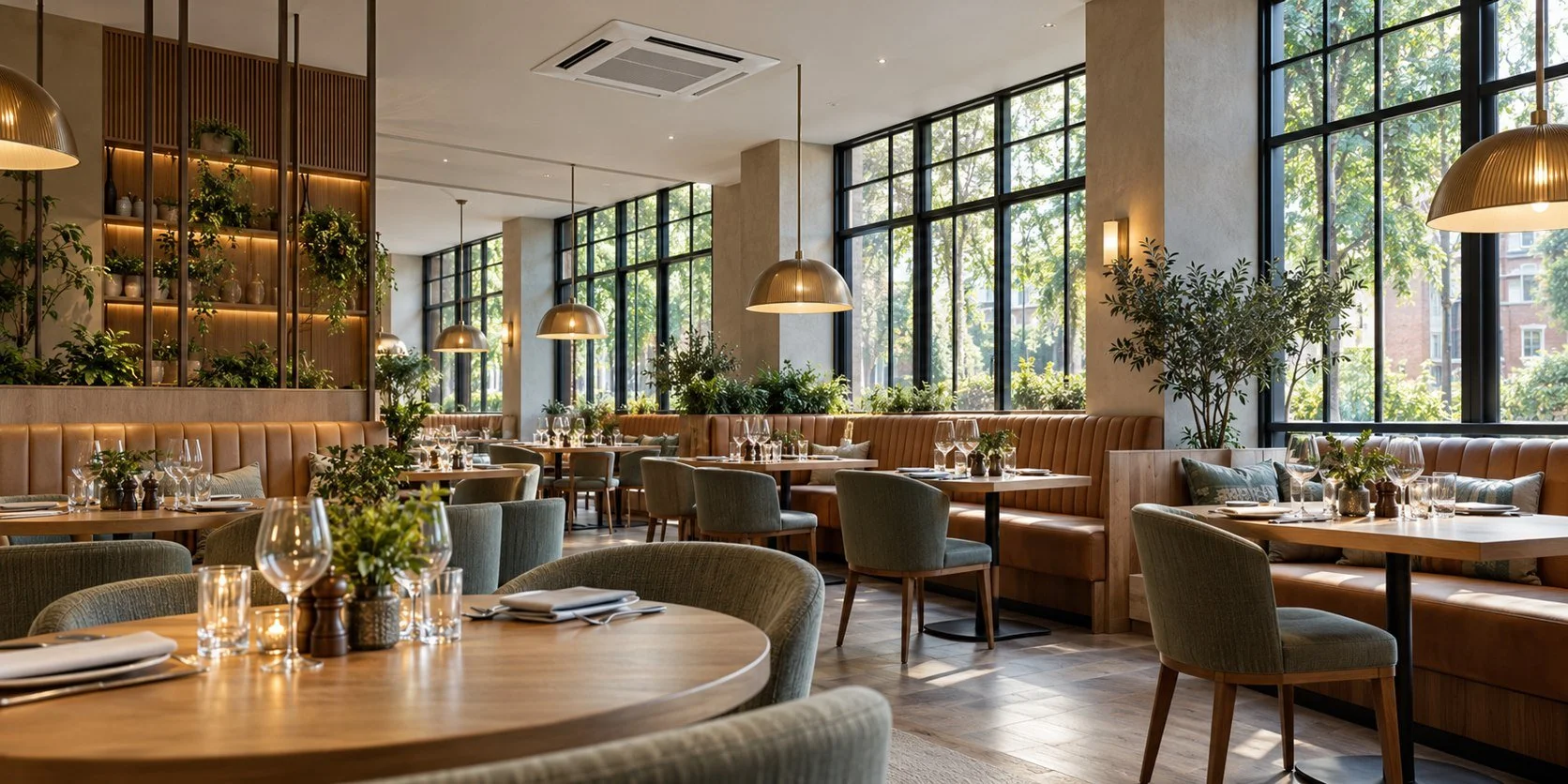 Illustrative restaurant interior with ceiling air conditioning