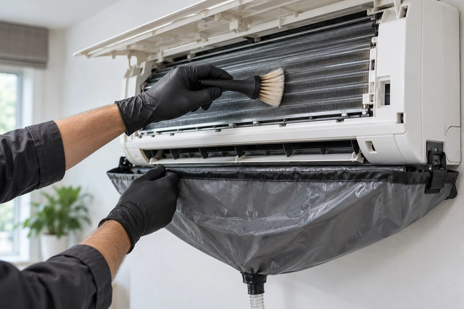 Illustrative gloved hands cleaning an air conditioning coil above a protective catch bag