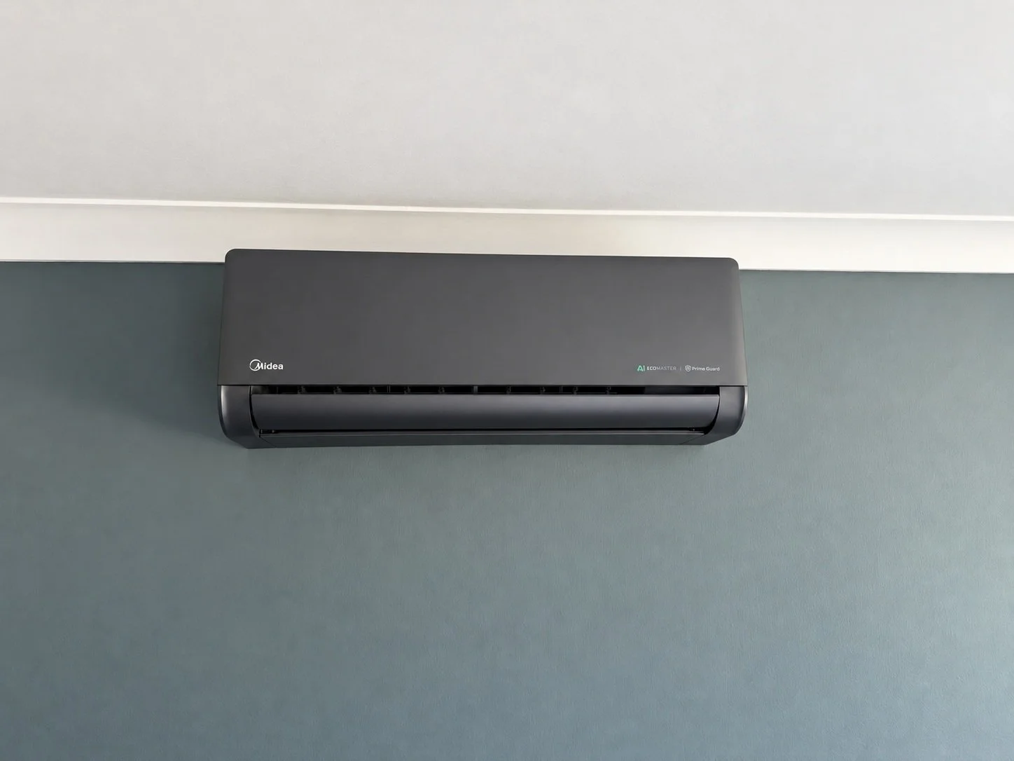 Close-up of the black Midea Solstice indoor air conditioning unit