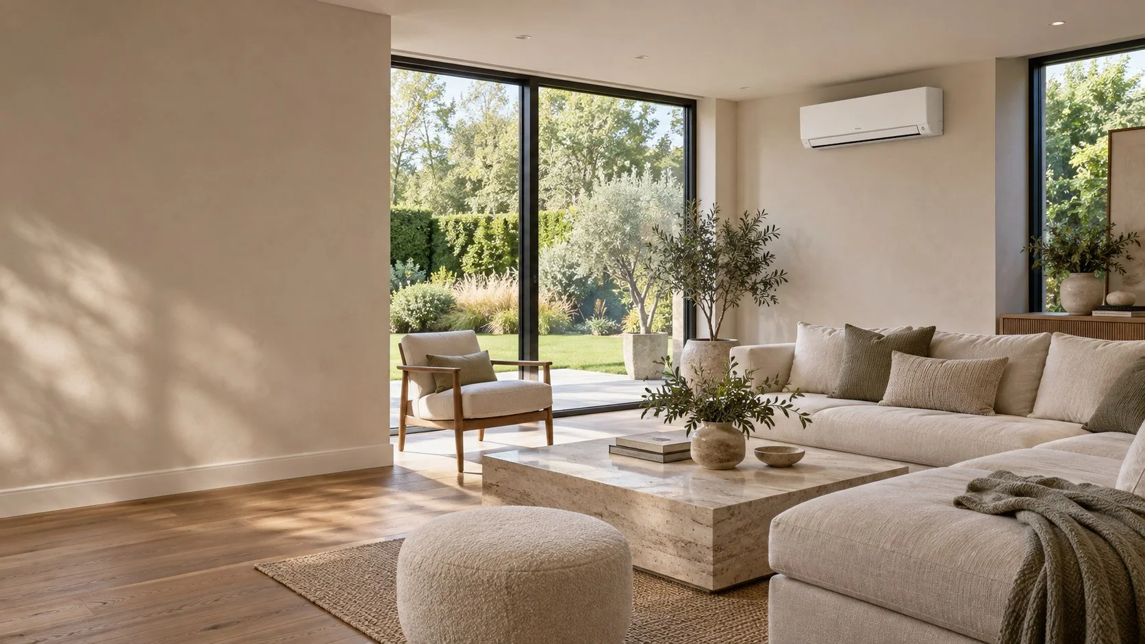 Illustrative luxury living room with discreet wall mounted air conditioning