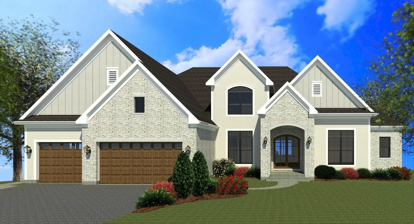 Architectural rendering of a brick and stone two-story custom home