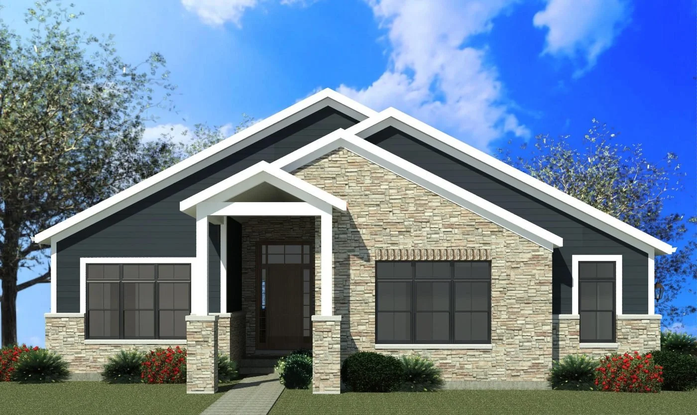 Architectural rendering of a craftsman ranch custom home, front view