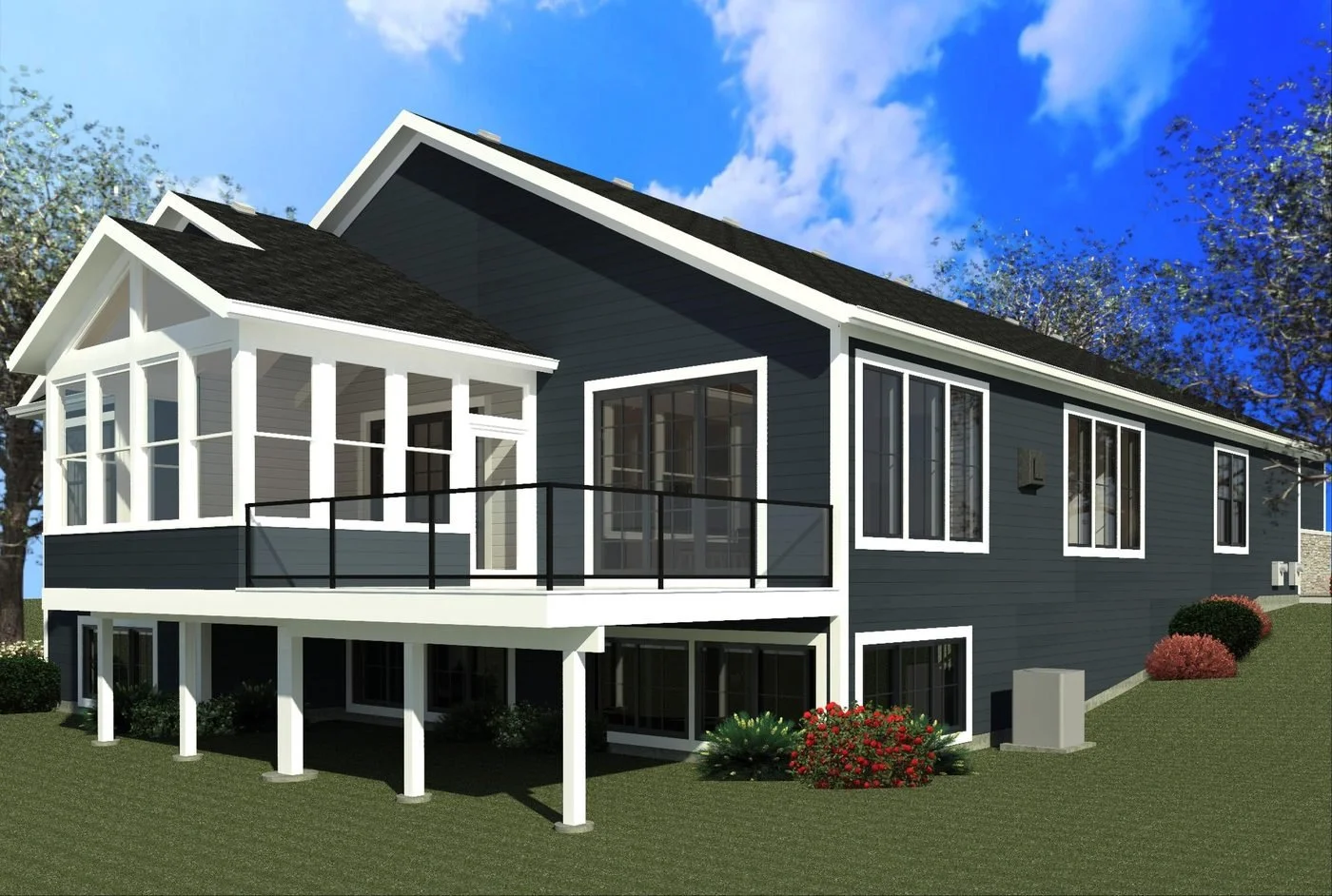Architectural rendering of a lakeside walkout custom home, rear view