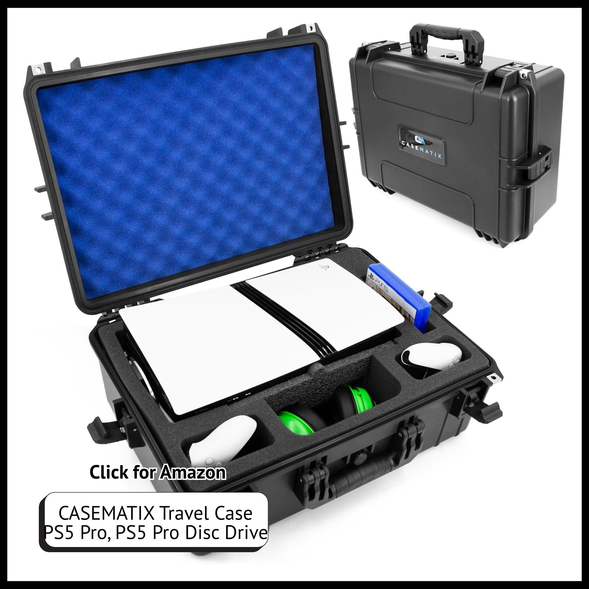 CASEMATIX waterproof hard shell travel case for PS5 Pro, custom foam fits console, disc drive, controllers, headset, cables
