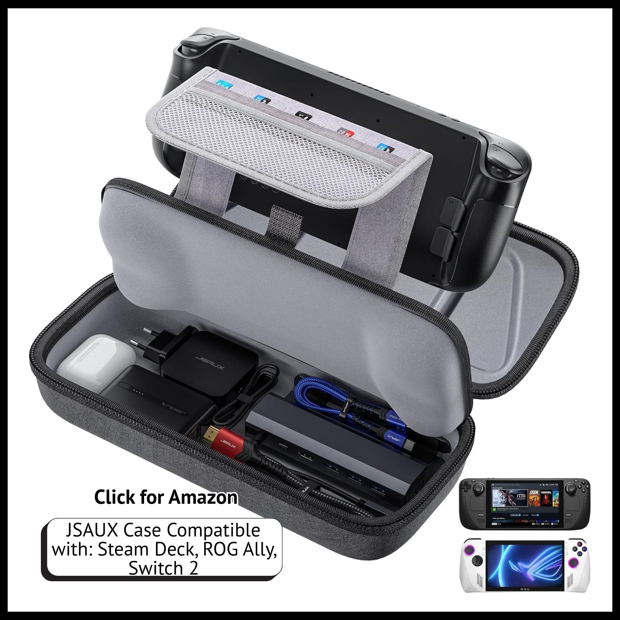 Tomtoc travel case for Steam Deck, Switch 2, and ROG Ally X; hard shell with EVA interior fits console, dock, and accessories