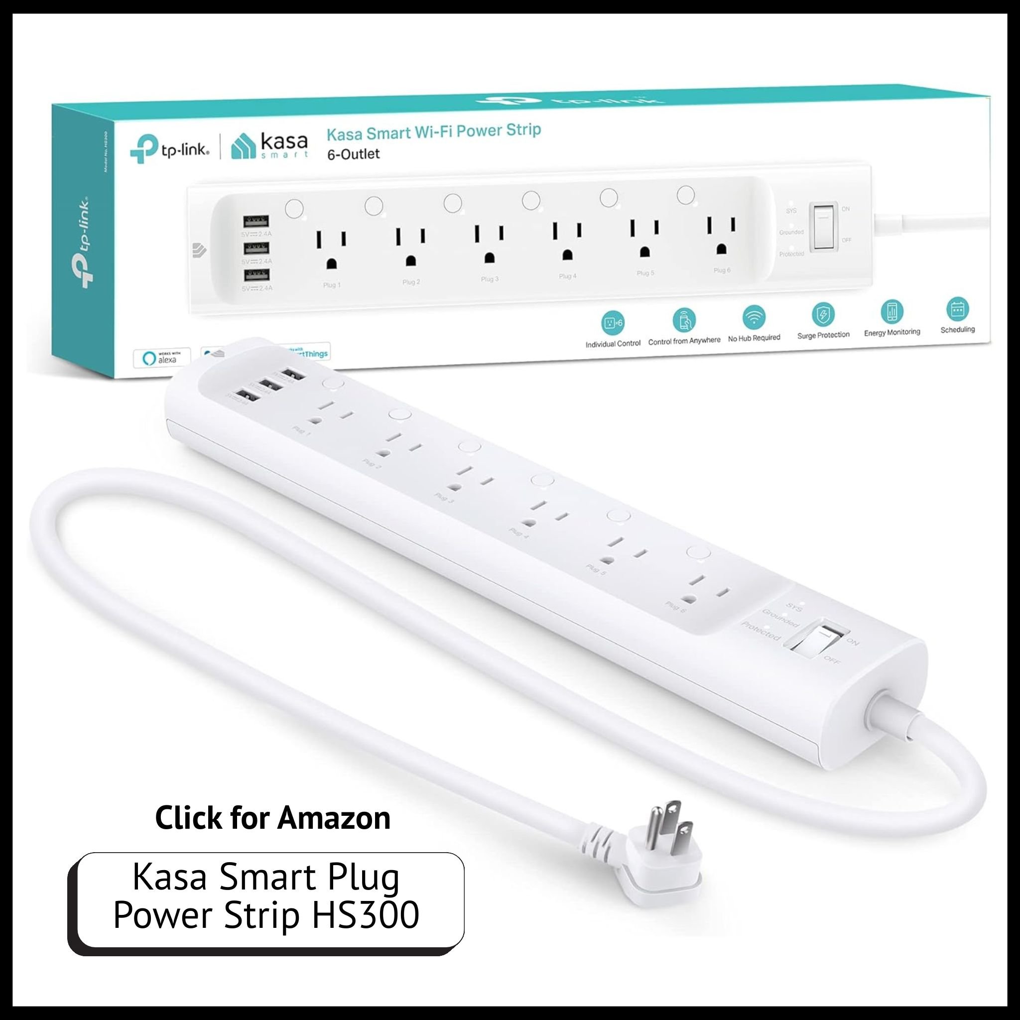 Kasa Smart Plug Power Strip – Wi-Fi surge protector with 6 outlets, 3 USB ports, energy monitoring, and voice control.