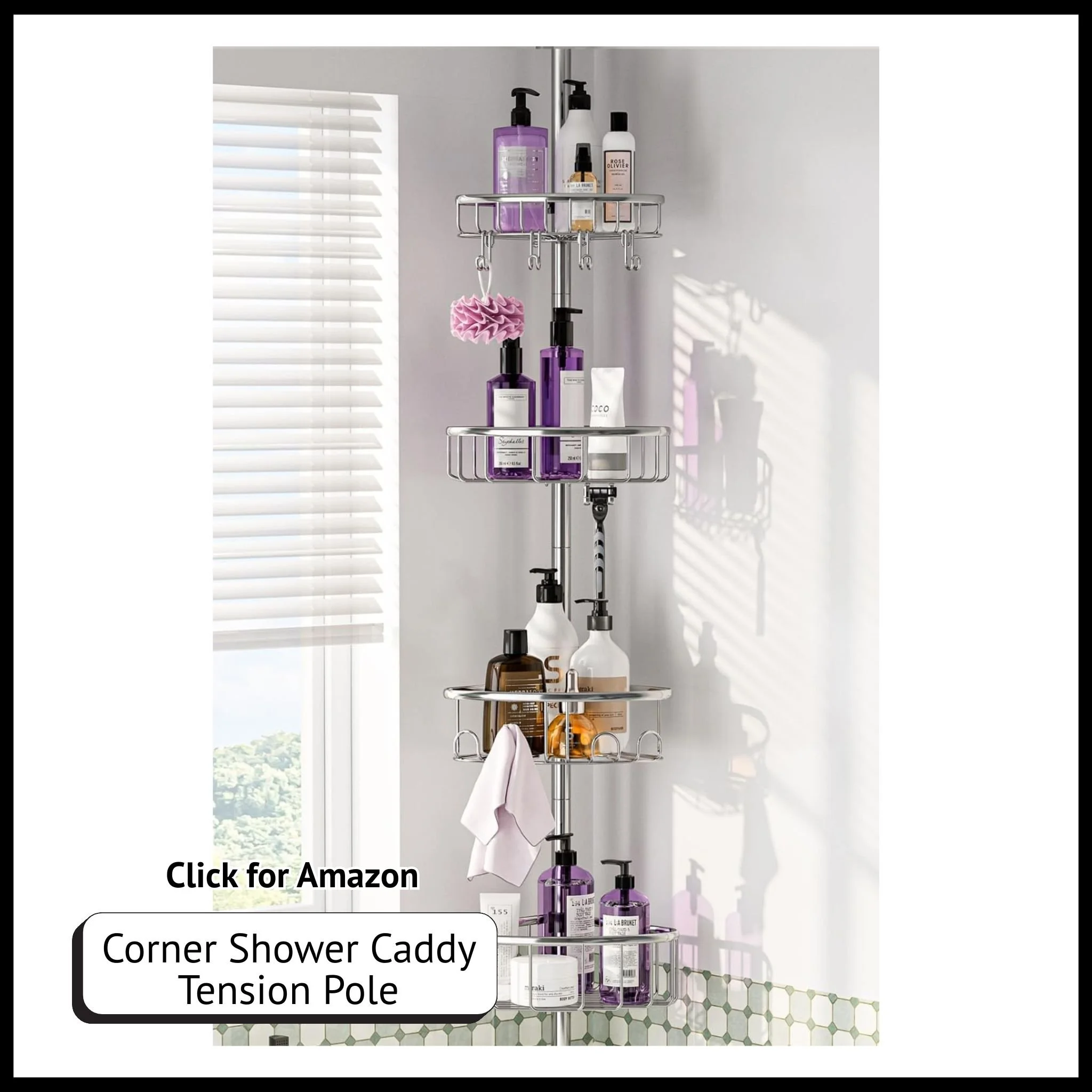 Corner tension shower caddy – rustproof stainless steel 4-tier organizer for bath essentials in compact shower spaces.
