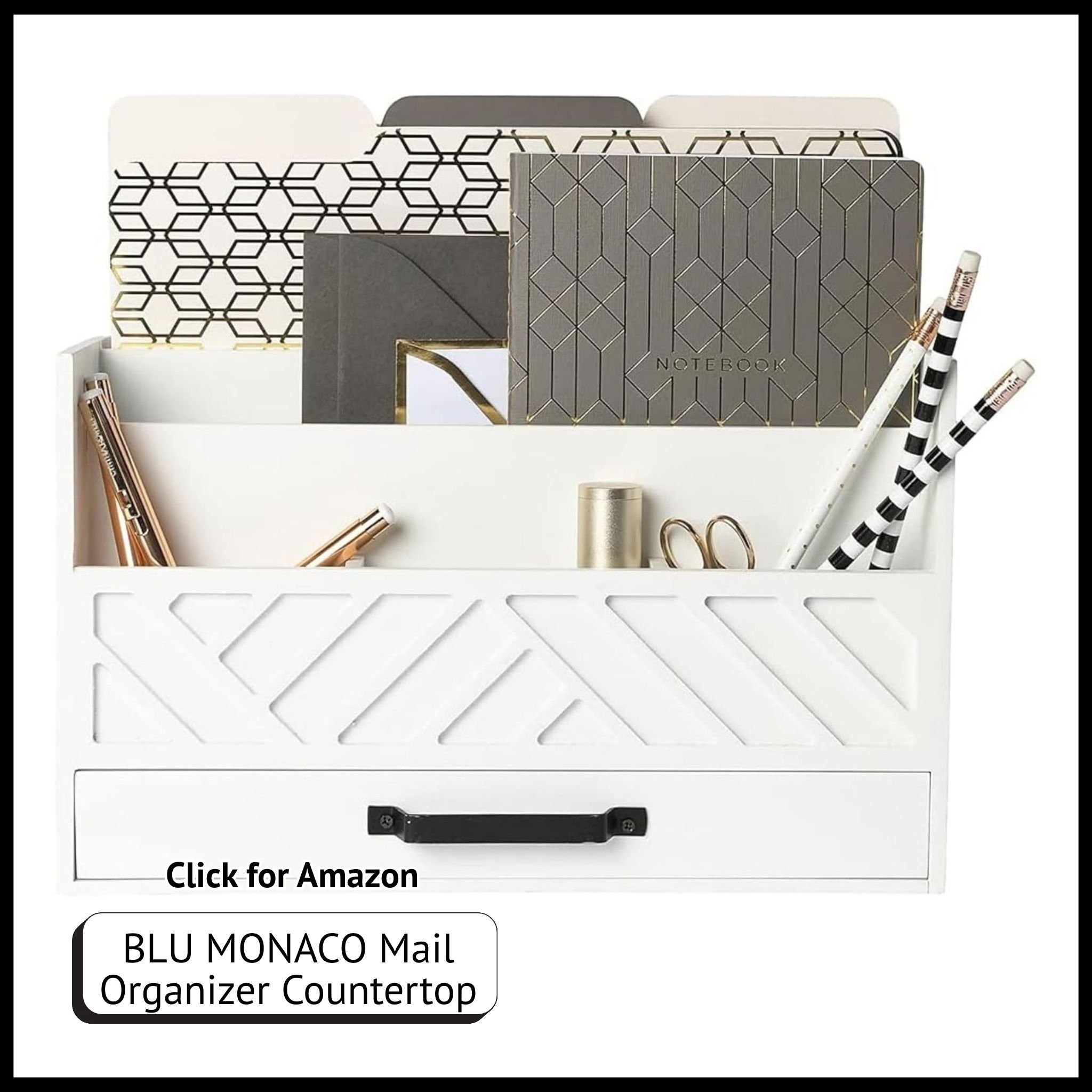BLU MONACO White Wood Mail Organizer with Drawer – Countertop or Desk Storage for Kitchen, Entryway, or Office.