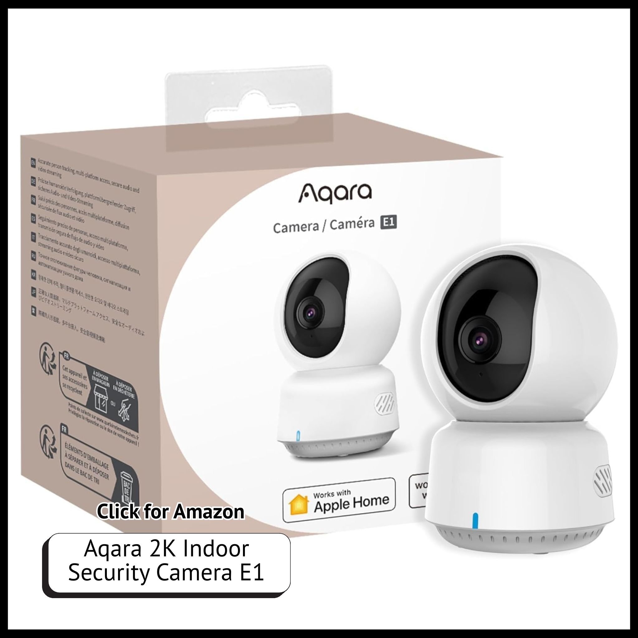 Aqara E1 2K indoor security camera with pan/tilt, HomeKit Secure Video, two-way audio, and night vision for smart monitoring.